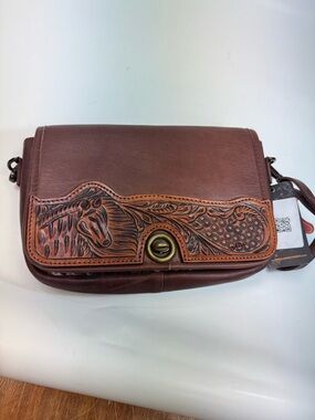 Tooled Horse Leather Crossbody Bag in Brown